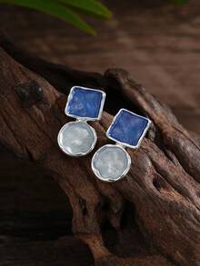 Cring Coco 3Pcs Irregular Geometric Women Blue Enamel Geometric Jewelry Set Chunky Statement Necklace Earrings Cuff Bracelet Boho Color Block Metal Accessory - Geometry 1 - View 6
