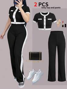 Spring/Summer Women's New Casual Pants Set, Color-Block Button Fake Pocket Design Round Neck Short Sleeve Top Paired With High-Waist Draping Comfortable Long Pants - Black + White 1 - View 1