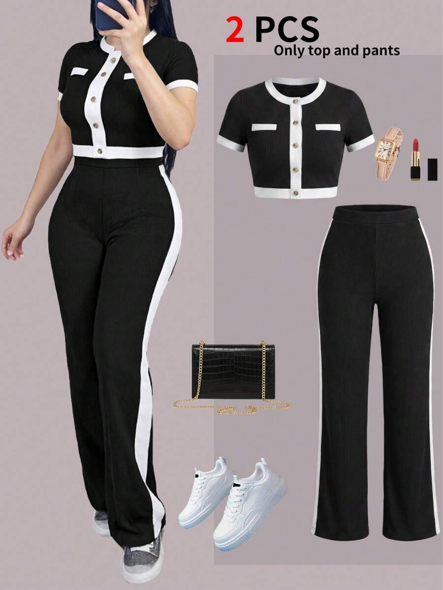 Spring/Summer Women's New Casual Pants Set, Color-Block Button Fake Pocket Design Round Neck Short Sleeve Top Paired With High-Waist Draping Comfortable Long Pants - Black + White 1 - View 1
