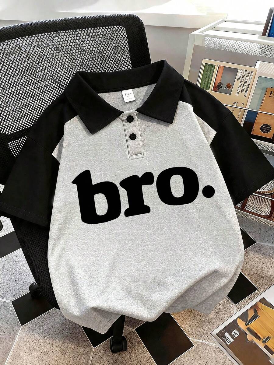 1件 Polo領短袖T恤,印有「Bro」圖案,適合男孩與青少年,休閒寬鬆版型運動短袖,完美夏季禮物,適用於春夏季校園與戶外穿著 - 灰色 - 查看 1