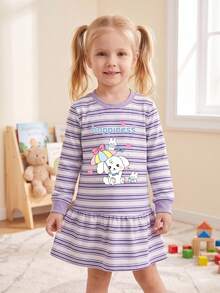 Gaun Lengan Panjang Motif Garis-Garis Kartun Terbaru Musim Semi/Gugur, Gaun Sweatshirt Longgar Leher Bulat, Cocok Untuk Anak Perempuan Usia 3 Tahun Ke Atas - Mauve Purple - View 2