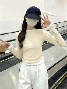 女款春季圓領拼接設計 2 合 1 百褶百搭長袖 T-shirt 上衣 - 杏色 - 查看 3