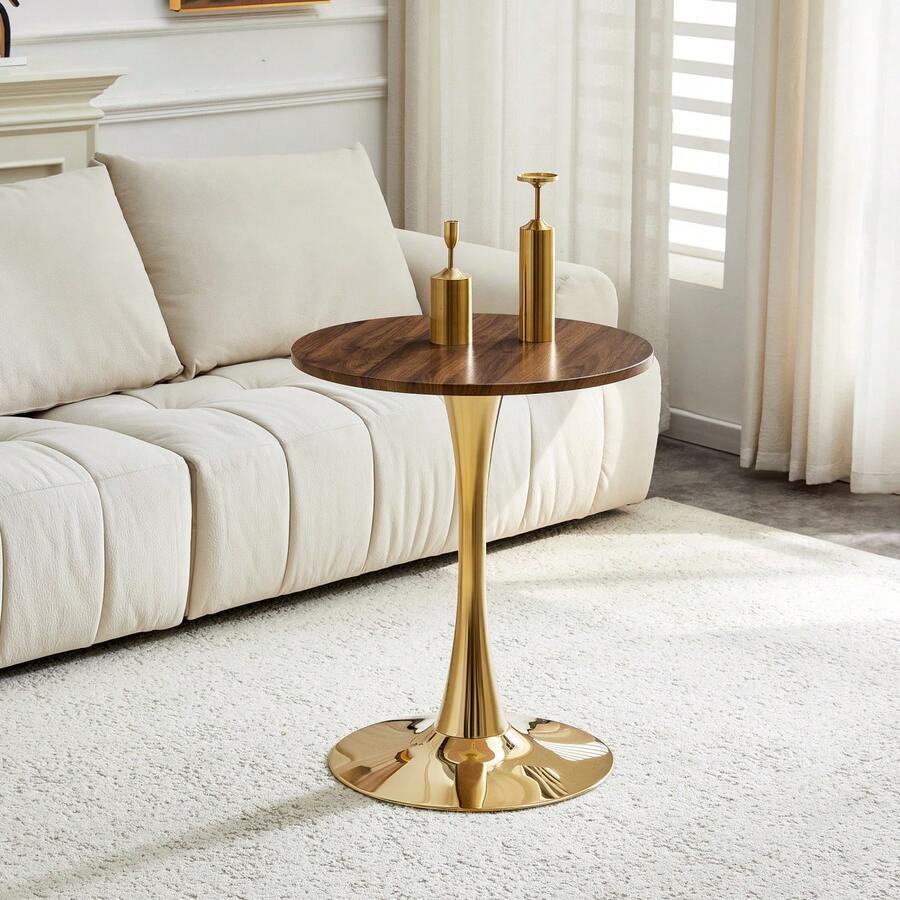60 Cm Round Side Table / European Style Small Dining Table / MDF Dining Table / Non-Slip And Quiet Table Legs / Suitable For Living Room And Dining Room - 金色+胡桃木色 - 查看 1