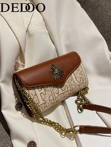 Dedoo Mini bolso cuadrado con solapa y bordado de letras, decoración metálica, de moda - Marrón - Ver 2