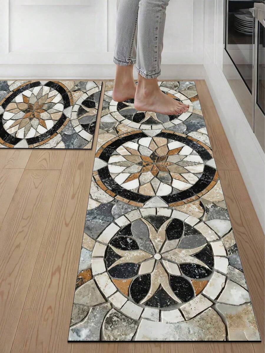 1pc Vintage Floral Marble Pattern Diatomaceous Earth Kitchen Anti-Slip Mat 3.5mm, Cuttable, Absorbent & Anti-Fatigue, Kitchen Rug Bathroom Mat Hallway Entryway Outdoor Garden Indoor Small Carpet Toilet Mat - Multicolor - View 1