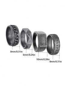 4-Piece Set Of Vintage Antique Silver Chain Stainless Steel Men's Rings, Men's Jewelry Accessory Set, Suitable For Everyday Wear, Special Rings - Four-piece Set - View 2