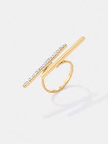 Kryxie 1pc Fashionable Minimalist Elongated Stainless Steel Ring With Rhinestones - Yellow Gold - View 1