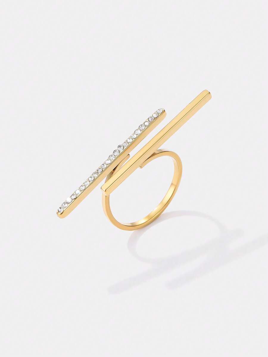 Kryxie 1pc Fashionable Minimalist Elongated Stainless Steel Ring With Rhinestones - Yellow Gold - View 1