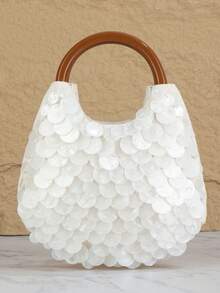 Shell Ring Handle Tote Bag, Pearl Mother Of Pearl Shell Fragments, Mini Portable Handbag, Elegant Romantic Women's Purse, Suitable For Wedding, Beach, Party, Summer Vacation - White - View 3