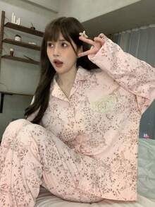 2 peças/Conjunto Pijama Feminino, Conjunto de Roupa de Descanso, Cardigan Confortável com Gola Lapela, Estampa Assimétrica do Oriente Médio, Manga Longa, Calça Longa, Adequado para Todas as Estações - Rosa chiclete - Visão 7
