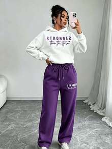 Purple Matching Loungewear Set, White Oversized Slogan Print Hoodie & Elastic Drawstring Wide Leg Sweatpants For Daily Casual Outfits &Weekend Errands - Purple - View 9