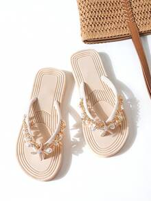 Women's Wide Fit Flat Flip Flop Sandals, Soft Sole, Decorated With Natural Shells, Starfish And Faux Pearl Charms, Casual Soft Summer Beach Style - Beige - View 6