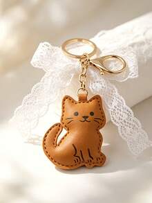 Brown/Beige 2 Colors Optional, Cute PU Leather Cat Keychain, Cartoon Novelty Cat Bag Charm, Women's Car Key Accessory, Fun Gift For Family And Friends - Multicolor - View 10