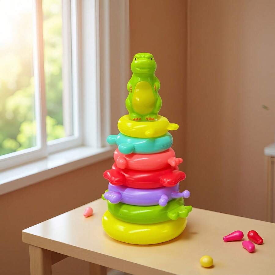 Dinosaur Rainbow Spinning Tower Toy – A Rotating Stacking And Matching Game That Promotes Color Recognition And Cognitive Development Through Ring-Toss Play. A Great Holiday Gift Toy (Colors May Vary) - Multicolor - View 1