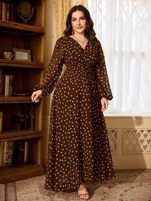Women's Vintage Brown Polka Dot Dress, Overlap Collar, Bishop Sleeves, Flared Hem, Elegant Plus Size Soft Dress Vacation Summer - Coffee Brown - View 9