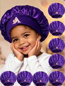 1Pc Kids Satin Hair Bonnet With A-Z Letter Wide Elastic Band Sleep Cap For 1-3 Years Old Girls, Soft Silk Night Hair Wrap - Purple - View 1