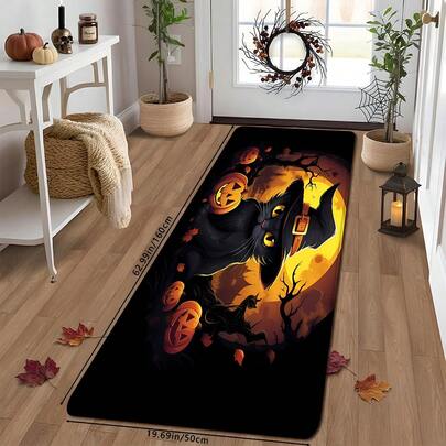 1pc Moon Witch Black Cat Jack Pumpkin Print Absorbent Doormat, Anti-Slip Stain-Resistant Vintage Halloween Illustration Foot Mat, Maple Leaf & Withered Tree Dark Pattern Atmosphere Design, Washable, Suitable For Kitchen, Bathroom, Entryway, All Seasons