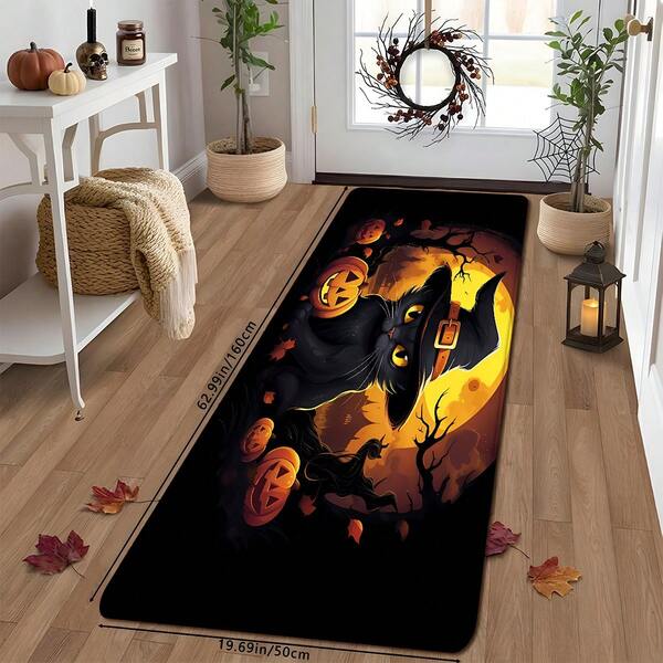 1pc Moon Witch Black Cat Jack Pumpkin Print Absorbent Doormat, Anti-Slip Stain-Resistant Vintage Halloween Illustration Foot Mat, Maple Leaf & Withered Tree Dark Pattern Atmosphere Design, Washable, Suitable For Kitchen, Bathroom, Entryway, All Seasons