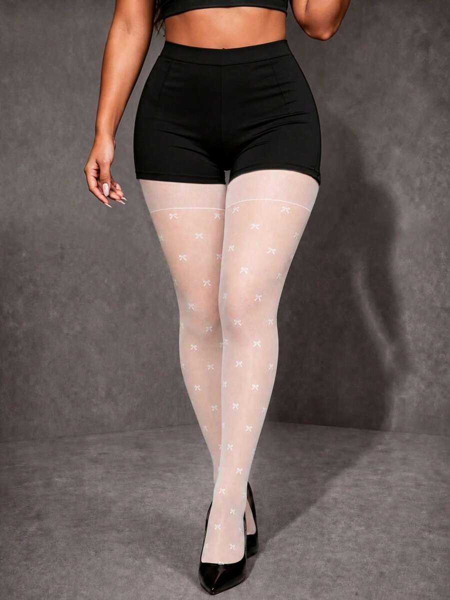 1 Pair Plus Size White Bow High Elasticity Tights, Sexy Fashion Cute Style, Suitable For Daily Dating, Spring And Autumn Commute - Multicolor - View 1