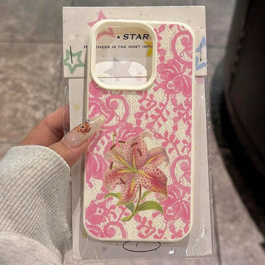 1 Stück TPU-Material weiches rosa Vintage-Spitze Polka-Dot Lilien-Muster Handyhülle kompatibel mit iPhone 17 Pro Max/17/16 Pro Max/15/13/12/11/ S20 FE/A15/S24/A55/ Note 11/Note 12/Note 13 Pro Vollschutz stoßfeste weiche Schutzhülle - Weiss - Übersicht 1