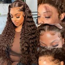 34 Inch 250% Density 13x4 Chocolate Brown Deep Wave  Human Hair Wig 13x4 Loose Deep Wave Lace Front Wigs Human Hair 4# Colored Pre Plucked Wet And Wavy Lace Front Wig Human Hair For Women With Baby Hair Natural Black Color - S4 - View 6