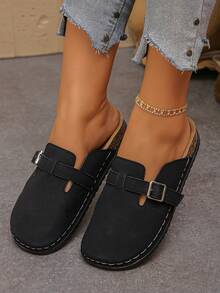 Women's New Fashion Black Thick Sole Slippers, Versatile Soft Bottom Closed Toe Buckle Half-Slip Flat Shoes, Outdoor Casual Loose Comfortable Mule Shoes - Black Matte Finish - View 2