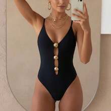 Women's Elegant Backless Criss-Cross Hollow Out Textured Solid Color One-Piece Swimsuit, Suitable For Beach, Resort, Vacation, Spring/Summer/Autumn Black - Black - View 8