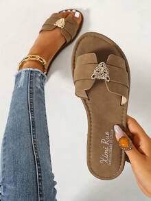 Sandali piatti casual da donna stile coreano, sandali romani intrecciati con punta aperta, nuove scarpe slip-on piatte stile francese per primavera estate autunno, adatte per uso all'aperto, spiaggia, appartamento, da abbinare con gonne - Castano - Visualizzare 2