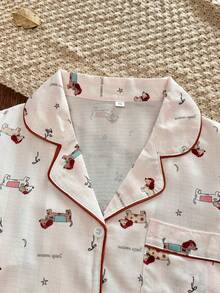 Women's Cartoon Dachshund Print Pajama Set - Long Sleeve Button-Up Top With Pants, Soft And Breathable, Cute Loungewear - White - View 6