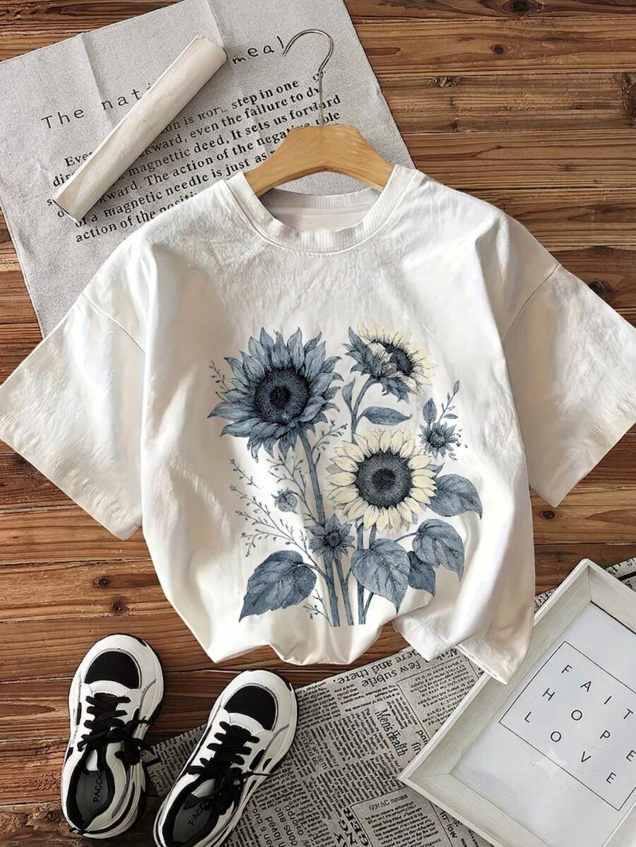 Camiseta Feminina Retro Premium Estampa Girassol Azuis Estilo Casual Simples e Elegante para todas as ocasiões Outono Primavera Verão100% Algodão - Branco - Visão 1