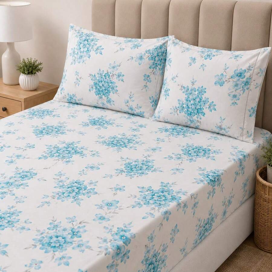 Fitted Sheets - 白色配藍色花 - 查看 1