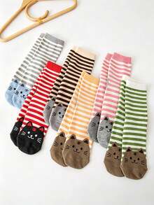 6 Pairs Women's Striped Mid-Calf Socks, Simple Cute Cartoon Cat Print On Heel, Versatile Daily Street Casual Mid-Calf Socks, Multi-Color Assortment - Multicolor - View 2
