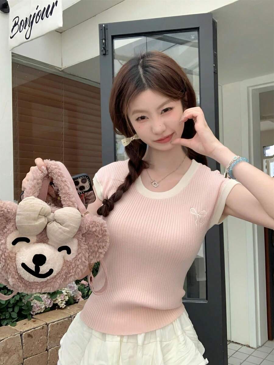 RUIWY Women's Ribbed Knit Crew Neck T-Shirt, Contrast Trim, Pink Preppy Style Short Sleeve Top With Bow Embroidery, Knit Pullover Short Sleeve Shirt, Summer & Autumn - Pink - View 1