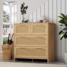 High-Quality Rattan Storage Unit With 4 Drawers And Solid Wood Handles - Suitable For The Bedroom, Living Room, Dining Room, Hallway - Dimensions: W 80 X H 80 X D 38 Cm - Natural Color - View 3