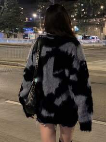 女士不对称拼色毛绒落肩超大毛衣 - 黑色 - 查看 3