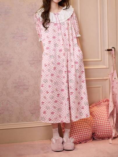 Gongdie Disney Marie 女款睡裙，夏季柔軟棉質粉色格紋，蕾絲飾邊彼得潘領與泡泡袖居家服