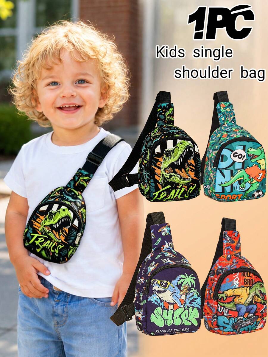 1PC Toddler Dinosaur And Shark Pattern Chest Bag, Adjustable Shoulder Strap One Shoulder Crossbody Bag, Lightweight Comfortable Casual Bag Suitable For Toddler School And Daily Wear - Multicolor - View 1