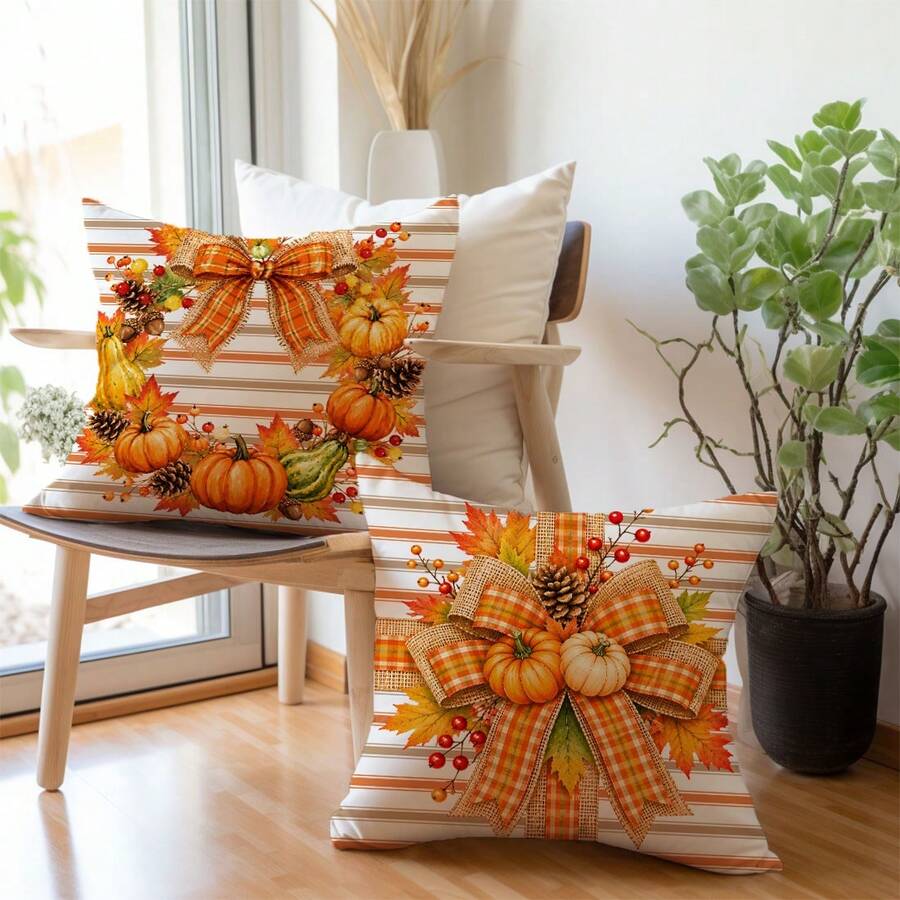MEMNUN 2 Stück Herbst Orange & Weiß gestreiftes Karomuster Schleife Kürbis Muster Kissenbezüge [Ohne Füllung], 45*45cm, [Einseitiger Muster] Doppelschicht Karomuster Schleife Kiefernzapfen Ahornblatt Ernte Thanksgiving Sofa Kissenbezüge Herbst Dekoration, Raum Dekoration, Heim Dekoration, Schlafzimmer Dekoration, Raum Dekoration Zubehör für Sofa, Bett, Wohnzimmer, Schlafzimmer, Auto, Büro, Hotel Dekoration Zierkissenbezüge Ganzjährig Universell Perfektes Geschenk für Familie und Freunde - Verschiedenfarbig - Übersicht 1