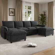U-Shaped Modular Cloud Sofa, Comfortable Corner Sofa With Deep-Seat Design, Including 2 Movable Ottomans - Black - View 2