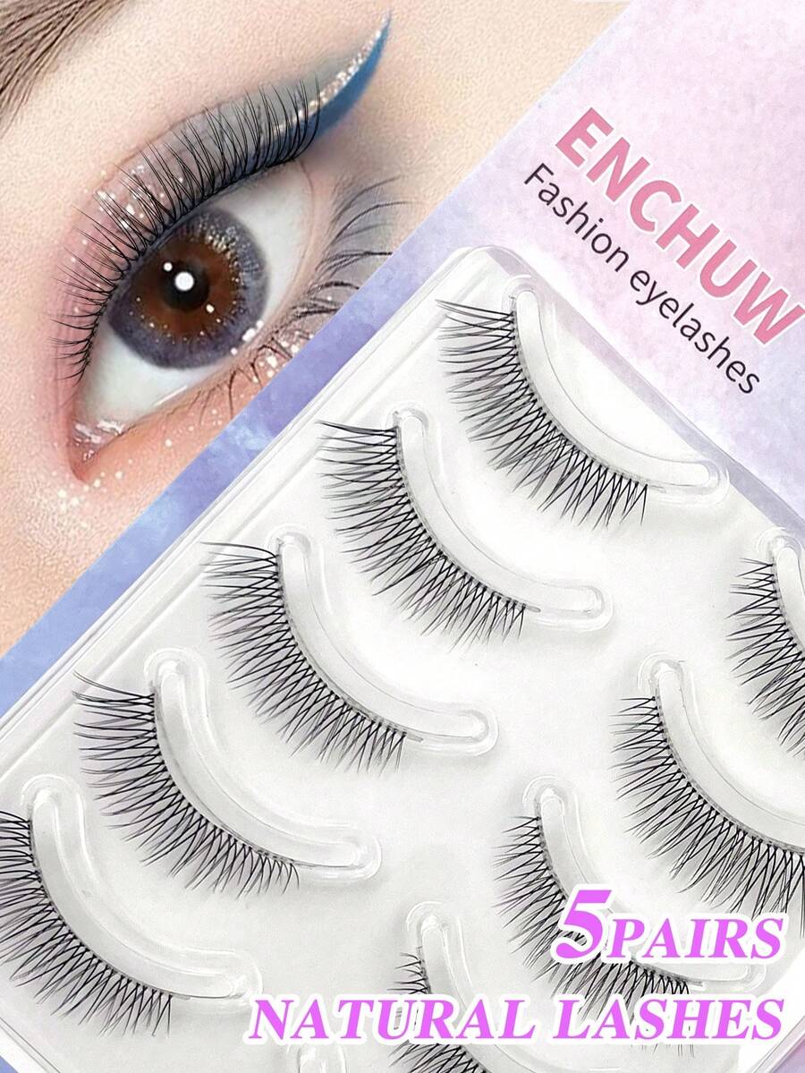 ENCHUW 5 Pairs Natural Look Eyelashes Fluffy Soft Cross Manga Lashes Wispy Natural Eyelash Extension Strip Lashes,Lashes,Eyelashes,Fake Lashes - 黑色 - 查看 1