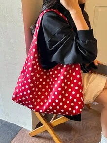 Dedoo 女款大號波希米亞風單肩包，白色波點印花緞面布料，寬肩帶休閒托特包，適合日常購物，春季女裝風格 - 紅色 - 查看 5