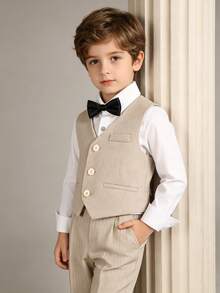Young Boy Solid Color Single-Breasted Vest And Pants Bow Tie Suit Set - Khaki - View 1