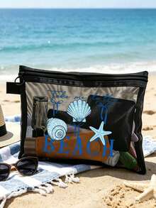 這款海灘網格包印有「Beach_please」文字與貝殼圖案，可收納口紅與氣墊粉撲的便攜化妝包，充滿海岸風情。透明大容量旅行化妝收納包，夏威夷風網格化妝包，適合海灘度假、購物、休閒旅行、健身，適合作為母親節、情人節、教師節禮物，適合女性旅行、短途旅行與日常通勤使用 - 彩色 - 查看 5