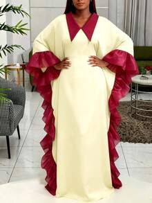 Gaun Bubu Afrika Sederhana dengan Blok Warna, Potongan Longgar, Lengan Kelelawar Samping Berkerut, dan Detail Tarikan, Gaun Maxi Elegan untuk Acara Formal Gereja, Warna Kuning Musim Gugur - Kuning - View 4