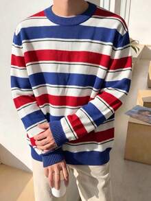 Men's Wide Striped Crew Neck Colorblock Knit Pullover, Vintage Nautical Style Casual Sweater - Blue - View 4
