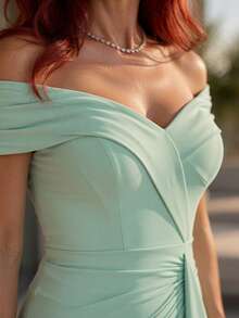 Long Dress In Blue, Green, Red, Marsala, Rose, Olive + Colors For Bridesmaids, Graduates, And Guests, Off-The-Shoulder Style With A Flowing Bodice, Fits Sizes 38 To 42. - Màu xanh Bạc hà - Xem 2