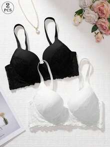 2pcs Women's Lace Trim Deep V-Neck Push-Up Bra, Adjustable Straps, Smooth Cups, Extended Hem - Multicolor - View 5
