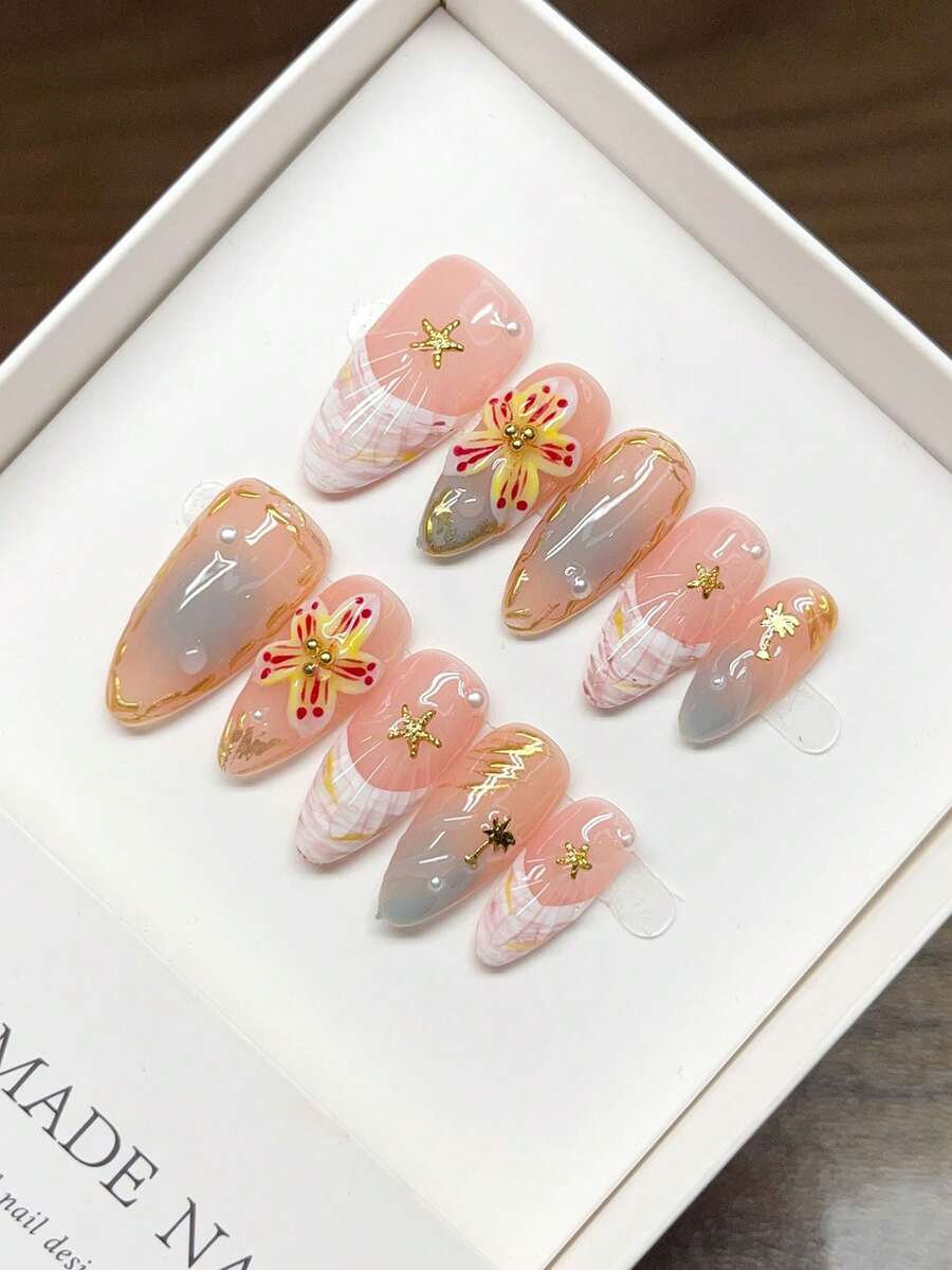 Handmade Wearable Press-On Nails, Almond Shape, Hand-Painted Personalized Hand-Carved High-Quality 3D Western-Style Nail Art, YK Style Nails, Unique Niche Creative Press-On Nails, Spring And Summer Daily Nail Art, Detachable And Reusable.