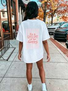 Chemise blanche décontractée à manches longues pour femmes avec un col rond et l'impression "C'est une bonne journée pour être heureux", épaules tombantes, parfaite pour le - Noir - Voir 1