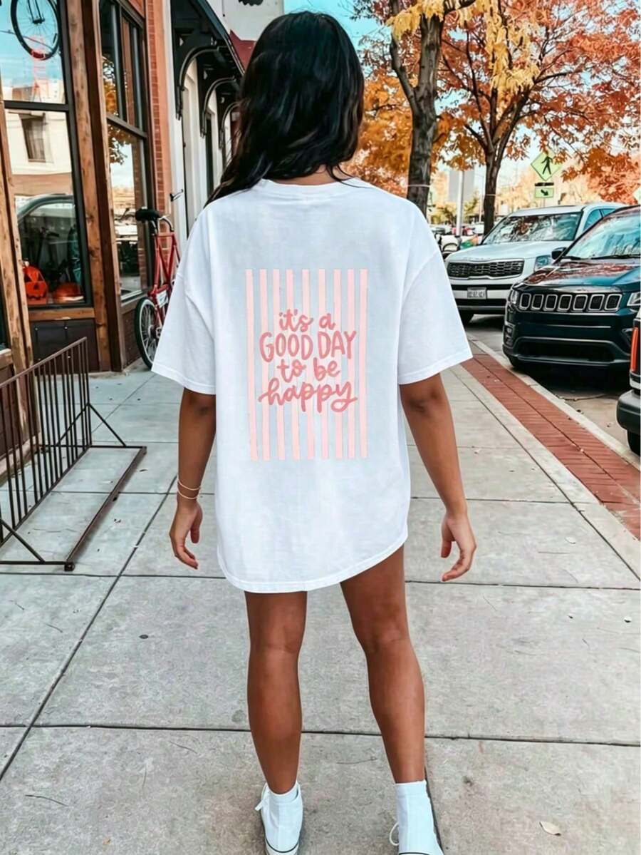 Chemise blanche décontractée à manches longues pour femmes avec un col rond et l'impression "C'est une bonne journée pour être heureux", épaules tombantes, parfaite pour le - Noir - Voir 1